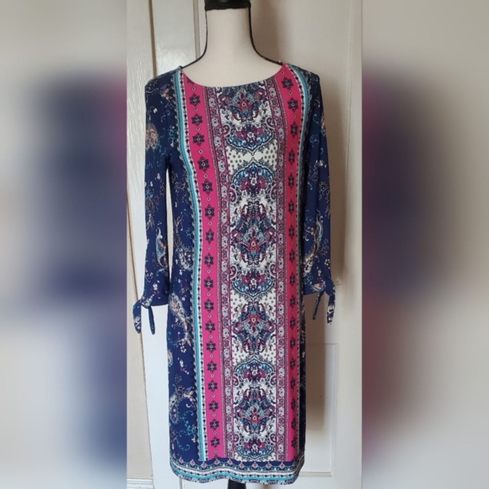 CHICO'S womens US 4 medallion print tie sleeve sheath dress